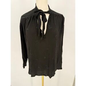 Free People‎ Black Embroidered Tie Neck Blouse Long Sleeve Women's Size S